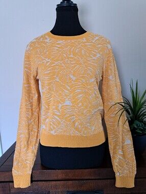 Zara Crewneck Sweater Womens Size Medium Yellow Tropical Leaf Print Textured
